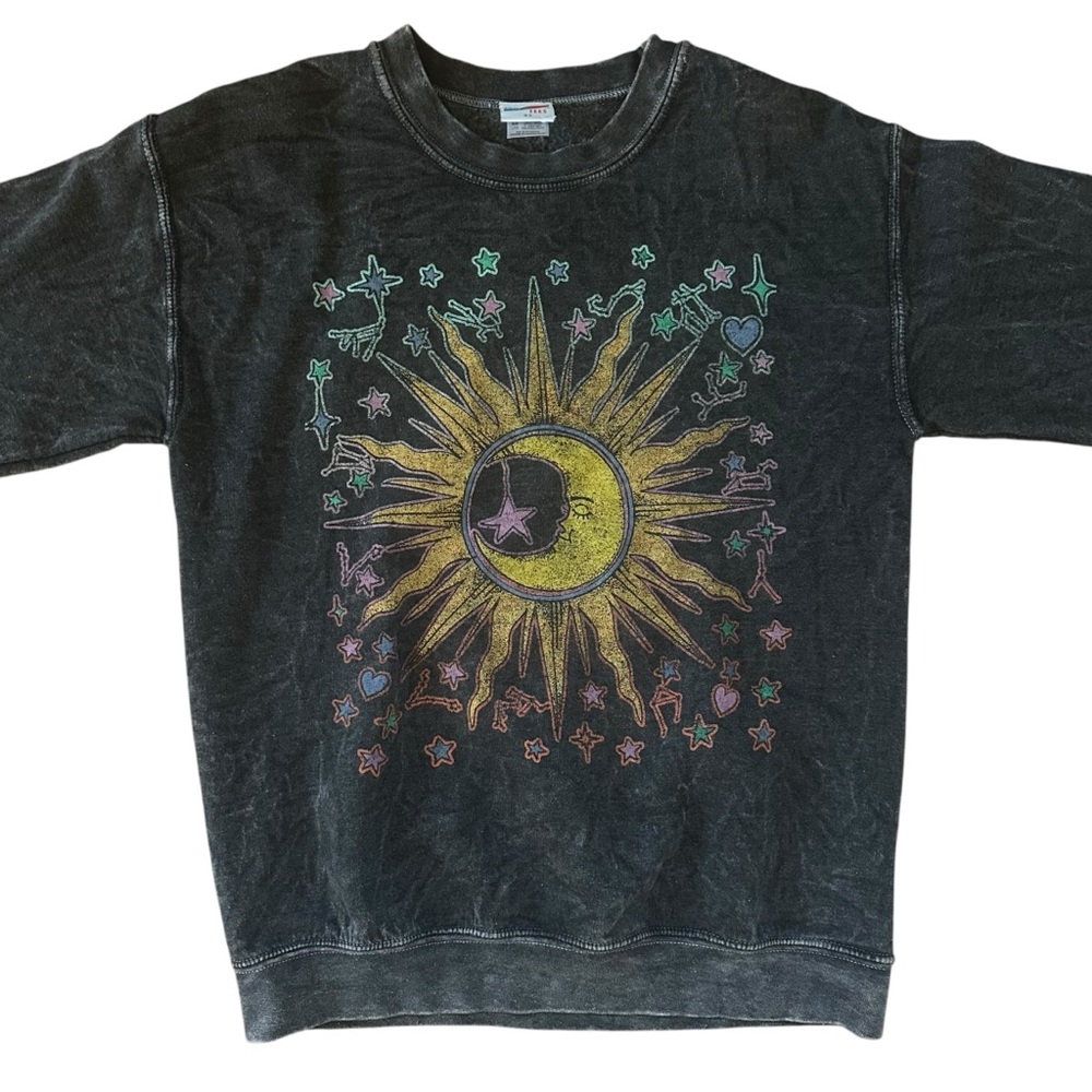 Junk Food Gray Acid Wash Stars Constellations Zodiac Moon Crewneck Sweatshirt XS - Picture 2 of 11